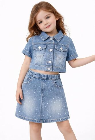 Girls Denim Outfit Set – 2 Piece Rhinestone Jean Jacket and Skirt, Sparkly denim dress for Kids in Saudi Arabia