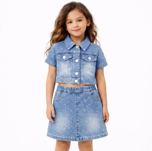 Girls Denim Outfit Set – 2 Piece Rhinestone Jean Jacket and Skirt, Sparkly denim dress for Kids in Saudi Arabia