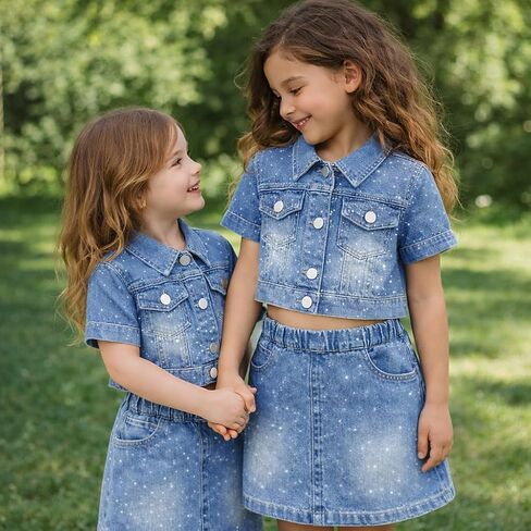 Girls Denim Outfit Set – 2 Piece Rhinestone Jean Jacket and Skirt, Sparkly denim dress for Kids in Saudi Arabia
