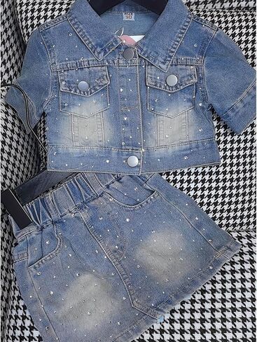 Girls Denim Outfit Set – 2 Piece Rhinestone Jean Jacket and Skirt, Sparkly denim dress for Kids in Saudi Arabia