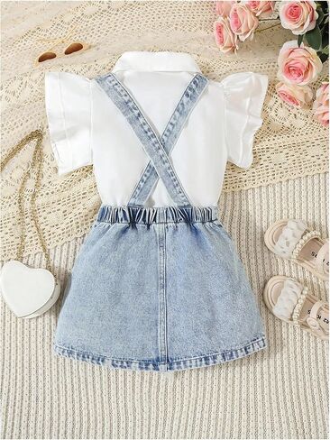 MakeMeChic Toddler Baby Girl's 2 Piece Cute Outfits Cap Sleeve Collared Button Down Shirt and Denim Overall Skirt Sets in Kuwait