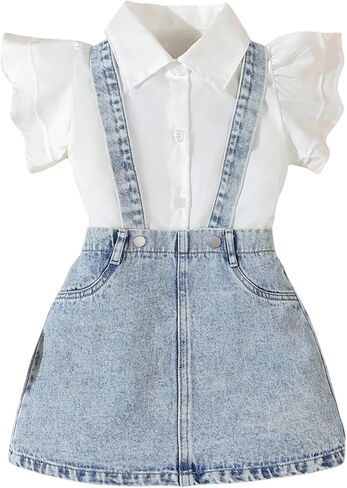 MakeMeChic Toddler Baby Girl's 2 Piece Cute Outfits Cap Sleeve Collared Button Down Shirt and Denim Overall Skirt Sets in Kuwait