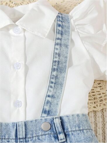 MakeMeChic Toddler Baby Girl's 2 Piece Cute Outfits Cap Sleeve Collared Button Down Shirt and Denim Overall Skirt Sets in Kuwait