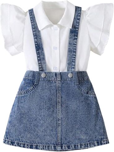 MakeMeChic Toddler Baby Girl's 2 Piece Cute Outfits Cap Sleeve Collared Button Down Shirt and Denim Overall Skirt Sets in Kuwait