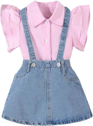 MakeMeChic Toddler Baby Girl's 2 Piece Cute Outfits Cap Sleeve Collared Button Down Shirt and Denim Overall Skirt Sets in Kuwait