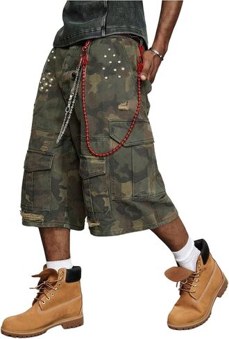 WDIRARA Men's Camo Cargo Denim Shorts Baggy Jorts Ripped Wide Leg Capri Jeans Streetwear in Saudi Arabia