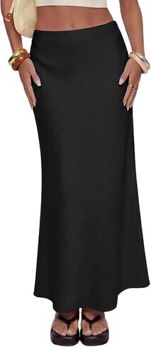 Women's Linen Maxi Skirt Elastic High Waisted White Summer Casual Clothes Long Skirts for Women in Kuwait