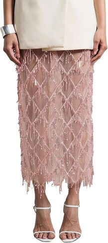 MakeMeChic Women's Sequin Midi Skirts Sheer Fringe Glitter Sparkly Party Club Cover Up Pencil Skirts in Kuwait