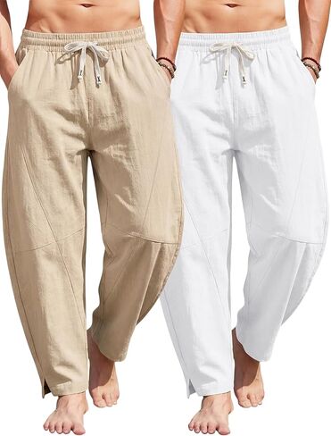 Mens Linen Pants Casual Harem Pants Lightweight Summer Beach Pants Drawstring Vacation Yoga Trousers with Pockets in Saudi Arabia