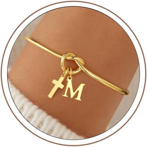 M MOOHAM Gold Initial Bracelets for Women Girls - Dainty Knot Letter A-Z Cross Initial Bracelet for Women, 14K Gold Plated Cuff Bracelet Jewelry Christian Bracelet Religious Baptism Gifts in Kuwait