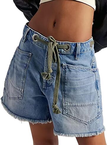 Mewunan Women's Moxie Barrel Jean Shorts 2026 Summer Casual Drawstring Baggy Denim Shorts Y2K Raw Hem Loose Fit Short Jeans in Kuwait