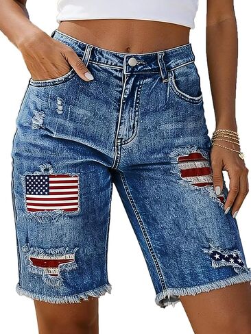 Flamingals Mid Rise Denim Bermuda Shorts for Women American Flag Patched Ripped Raw Hem Knee Length Trendy Jean Shorts in Kuwait