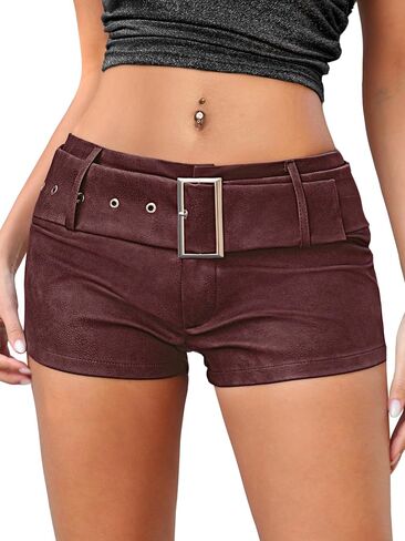 ELLEVEN Low Rise Faux Leather Mini Shorts for Women,Stretchy Micro Booty Shorts with Belt Sexy Concert Club Outfits in Kuwait