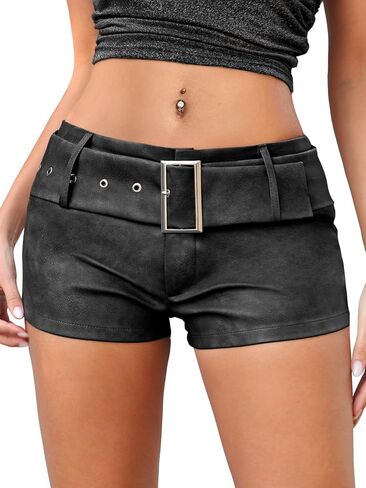 ELLEVEN Low Rise Faux Leather Mini Shorts for Women,Stretchy Micro Booty Shorts with Belt Sexy Concert Club Outfits in Kuwait