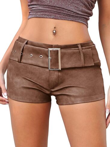 ELLEVEN Low Rise Faux Leather Mini Shorts for Women,Stretchy Micro Booty Shorts with Belt Sexy Concert Club Outfits in Kuwait
