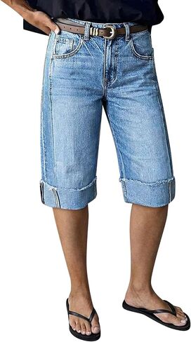 Flamingals Women's Bermuda Denim Shorts Mid Rise Knee Length Roll Hem Casual Summer Capri Jean Shorts for Women Without Belt in Kuwait