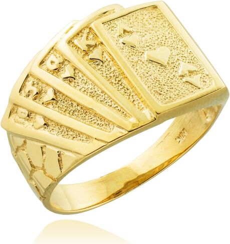 Solid 14k Yellow Gold Lucky Nugget Band Royal Flush of Hearts Poker Ring in Saudi Arabia