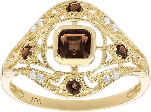 10k Yellow Gold Vintage Style Genuine Smoky Quartz and Diamond Ring in Kuwait
