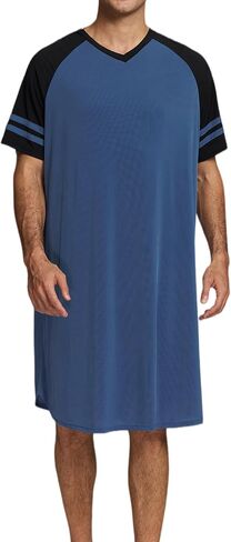 Mens Nightshirt Short Sleeve V Neck Nightgown Color Block Loose Fit Comfy Lounge Pajama Sleepwear in Saudi Arabia