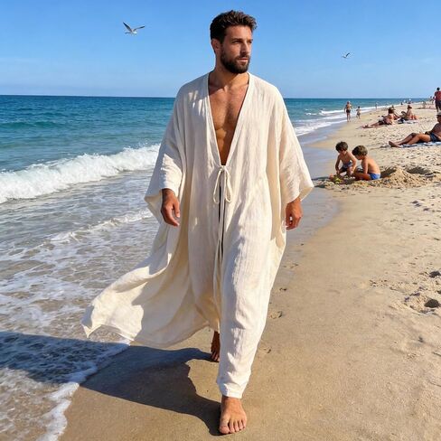 Mens Kaftan Summer Beach Robe, Soft Long Kaftan for Men, Caftan Layer for Swim Pool & Coastal Resort Style in Saudi Arabia