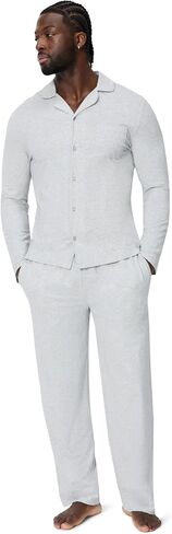 Amazon Essentials Men's Cotton-Modal Pajama Set, Long Sleeve Button-Down Top with Pants in Kuwait