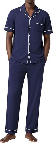Ekouaer Men's Short Sleeve Pajama Set Soft Cotton Sleepwear Button Down Top and Long Pants Loungewear PJs Set with Pockets in Kuwait