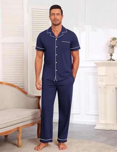 Ekouaer Men's Short Sleeve Pajama Set Soft Cotton Sleepwear Button Down Top and Long Pants Loungewear PJs Set with Pockets in Kuwait
