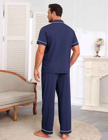 Ekouaer Men's Short Sleeve Pajama Set Soft Cotton Sleepwear Button Down Top and Long Pants Loungewear PJs Set with Pockets in Kuwait