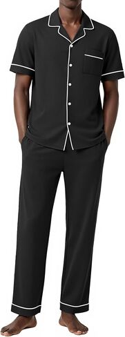 Ekouaer Men's Short Sleeve Pajama Set Soft Cotton Sleepwear Button Down Top and Long Pants Loungewear PJs Set with Pockets in Kuwait