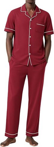 Ekouaer Men's Short Sleeve Pajama Set Soft Cotton Sleepwear Button Down Top and Long Pants Loungewear PJs Set with Pockets in Kuwait