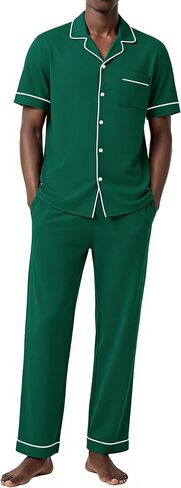 Ekouaer Men's Short Sleeve Pajama Set Soft Cotton Sleepwear Button Down Top and Long Pants Loungewear PJs Set with Pockets in Kuwait