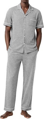 Ekouaer Men's Short Sleeve Pajama Set Soft Cotton Sleepwear Button Down Top and Long Pants Loungewear PJs Set with Pockets in Kuwait