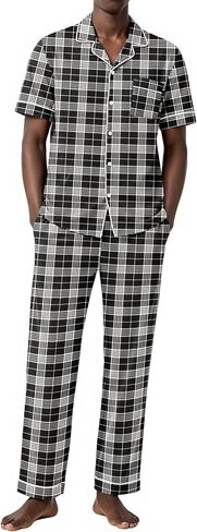 Ekouaer Men's Short Sleeve Pajama Set Soft Cotton Sleepwear Button Down Top and Long Pants Loungewear PJs Set with Pockets in Kuwait