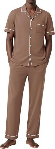 Ekouaer Men's Short Sleeve Pajama Set Soft Cotton Sleepwear Button Down Top and Long Pants Loungewear PJs Set with Pockets in Kuwait