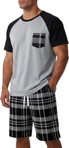 Mens Pajamas Set Soft Short Sleeve Pjs Plaid Pajamas 2 Piece Sleepwear Mens Loungewear Sets Summer with Pockets in Kuwait