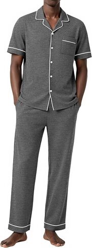 Ekouaer Men's Short Sleeve Pajama Set Soft Cotton Sleepwear Button Down Top and Long Pants Loungewear PJs Set with Pockets in Kuwait