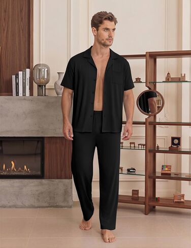 EKouear Mens Pajamas Set Short Sleeve pjs sets Classic Button Down Sleepwear Long Pants Lounge Set with Pocket in Kuwait