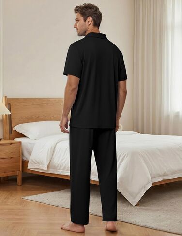 EKouear Mens Pajamas Set Short Sleeve pjs sets Classic Button Down Sleepwear Long Pants Lounge Set with Pocket in Kuwait