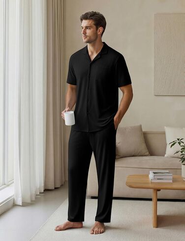 EKouear Mens Pajamas Set Short Sleeve pjs sets Classic Button Down Sleepwear Long Pants Lounge Set with Pocket in Kuwait