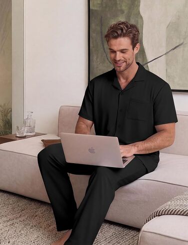 EKouear Mens Pajamas Set Short Sleeve pjs sets Classic Button Down Sleepwear Long Pants Lounge Set with Pocket in Kuwait