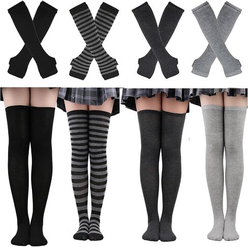 2/4 Sets Womens Striped Knee High Socks Long Knit Arm Warmers Fingerless Gloves Set for Halloween Costume in Saudi Arabia