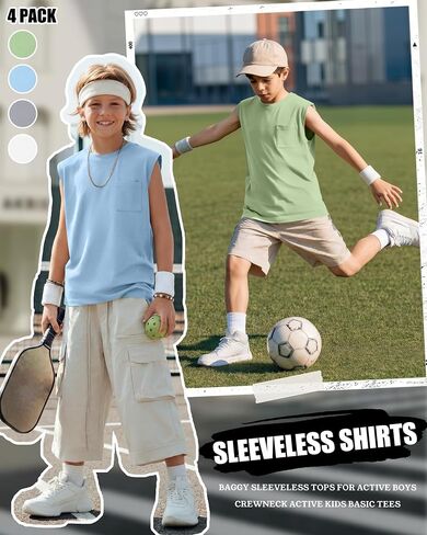 4 Pack Boys Tank Tops Sleeveless Shirts Athletic Casual Crewneck Active Kids Basic Tees with Pocket for Youth 5-14Y in Saudi Arabia