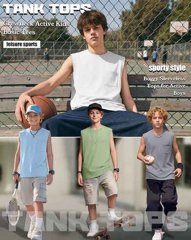 4 Pack Boys Tank Tops Sleeveless Shirts Athletic Casual Crewneck Active Kids Basic Tees with Pocket for Youth 5-14Y in Saudi Arabia