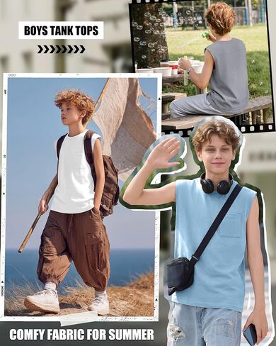 4 Pack Boys Tank Tops Sleeveless Shirts Athletic Casual Crewneck Active Kids Basic Tees with Pocket for Youth 5-14Y in Saudi Arabia