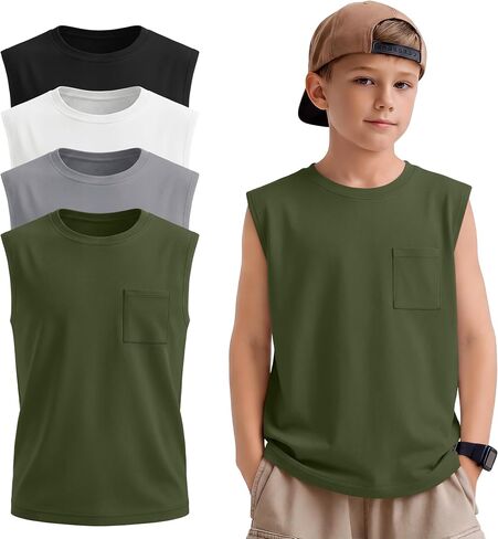 4 Pack Boys Tank Tops Sleeveless Shirts Athletic Casual Crewneck Active Kids Basic Tees with Pocket for Youth 5-14Y in Kuwait