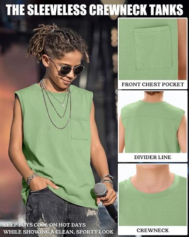 4 Pack Boys Tank Tops Sleeveless Shirts Athletic Casual Crewneck Active Kids Basic Tees with Pocket for Youth 5-14Y in Saudi Arabia