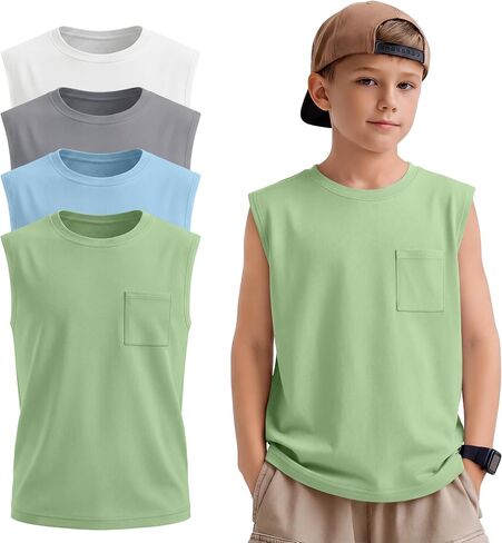 4 Pack Boys Tank Tops Sleeveless Shirts Athletic Casual Crewneck Active Kids Basic Tees with Pocket for Youth 5-14Y in Saudi Arabia