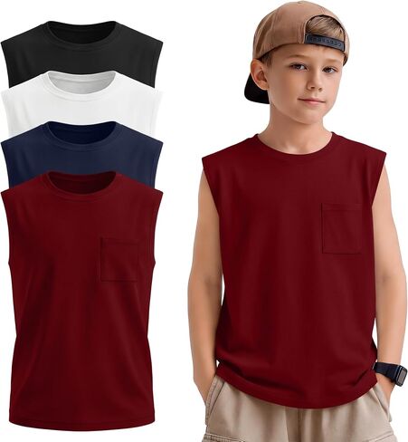 4 Pack Boys Tank Tops Sleeveless Shirts Athletic Casual Crewneck Active Kids Basic Tees with Pocket for Youth 5-14Y in Saudi Arabia