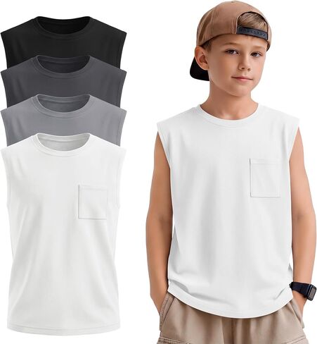 4 Pack Boys Tank Tops Sleeveless Shirts Athletic Casual Crewneck Active Kids Basic Tees with Pocket for Youth 5-14Y in Saudi Arabia