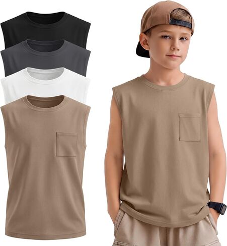4 Pack Boys Tank Tops Sleeveless Shirts Athletic Casual Crewneck Active Kids Basic Tees with Pocket for Youth 5-14Y in Saudi Arabia